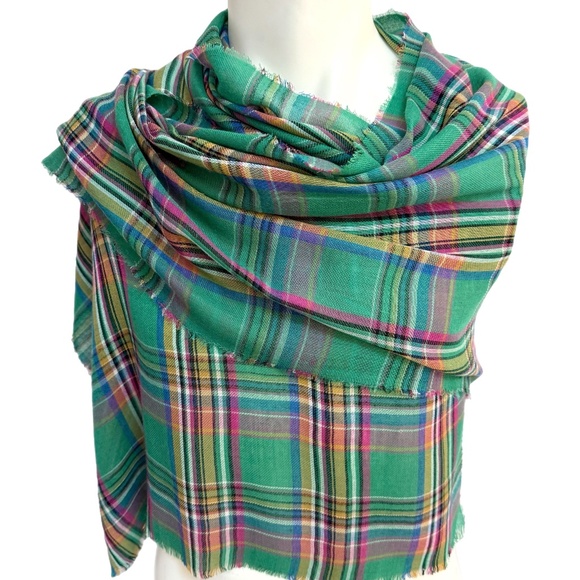 Polo Ralph Lauren Modal & Wool Wrap – Green Madras Plaid with Pony Logo - Picture 1 of 10
